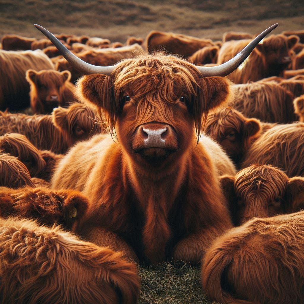 A Highland cow surrounded by a herd, emphasizing the importance of herd instincts