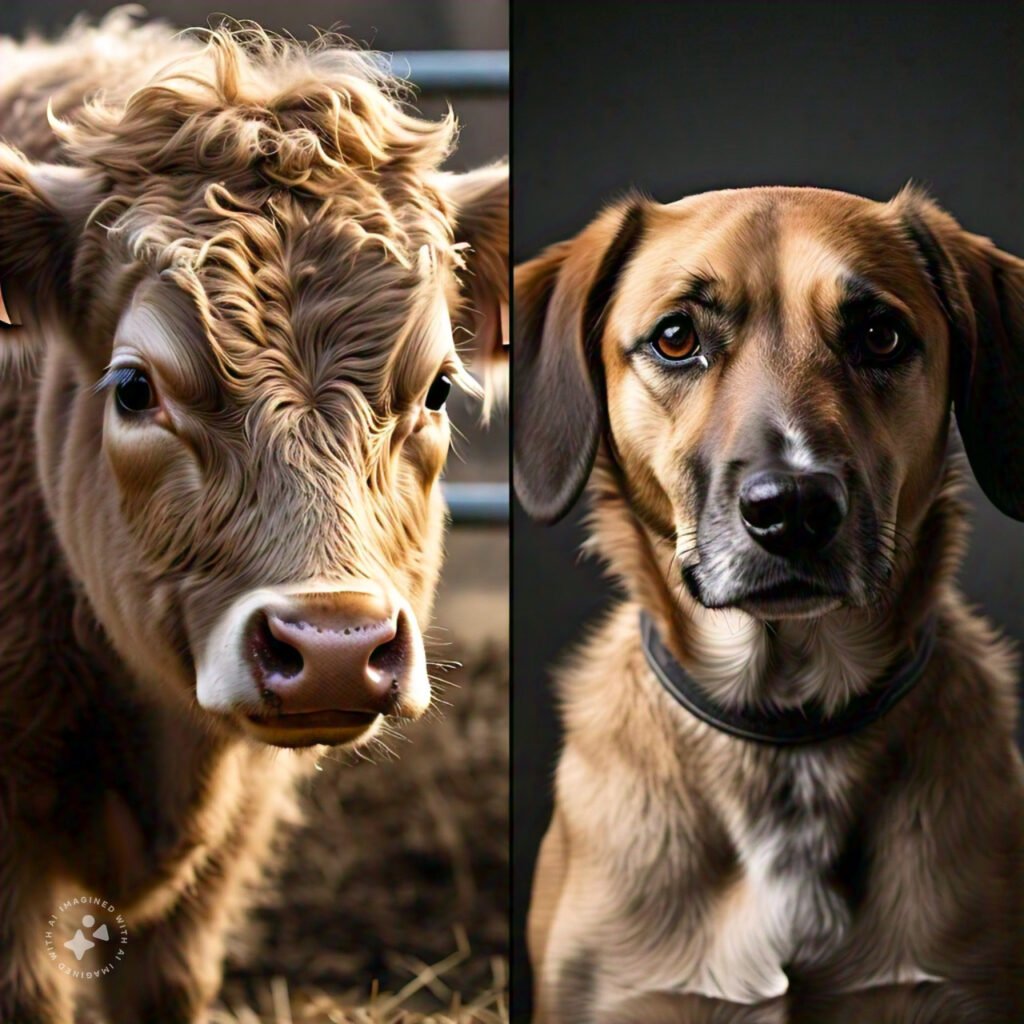 A comparison image showing a fluffy cow on one side and a domestic dog on the other, highlighting the differences