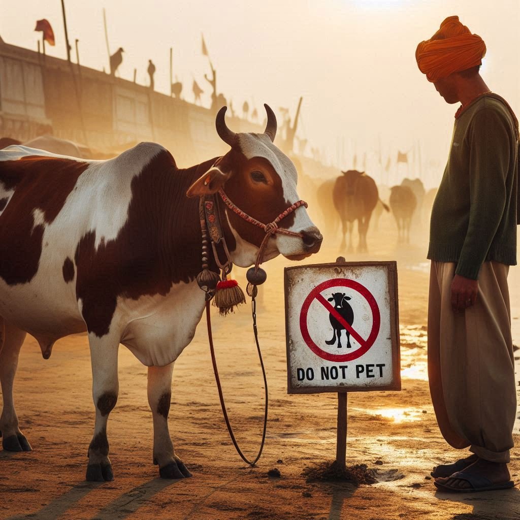 A person standing near a cow with a warning sign indicating Do Not Pet