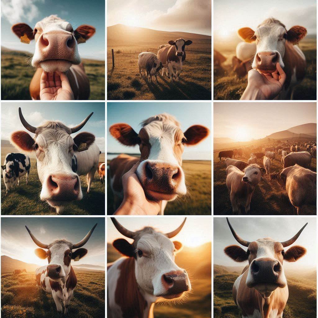 A photo collage of cows taken at a safe distance, showcasing their beauty in different settings