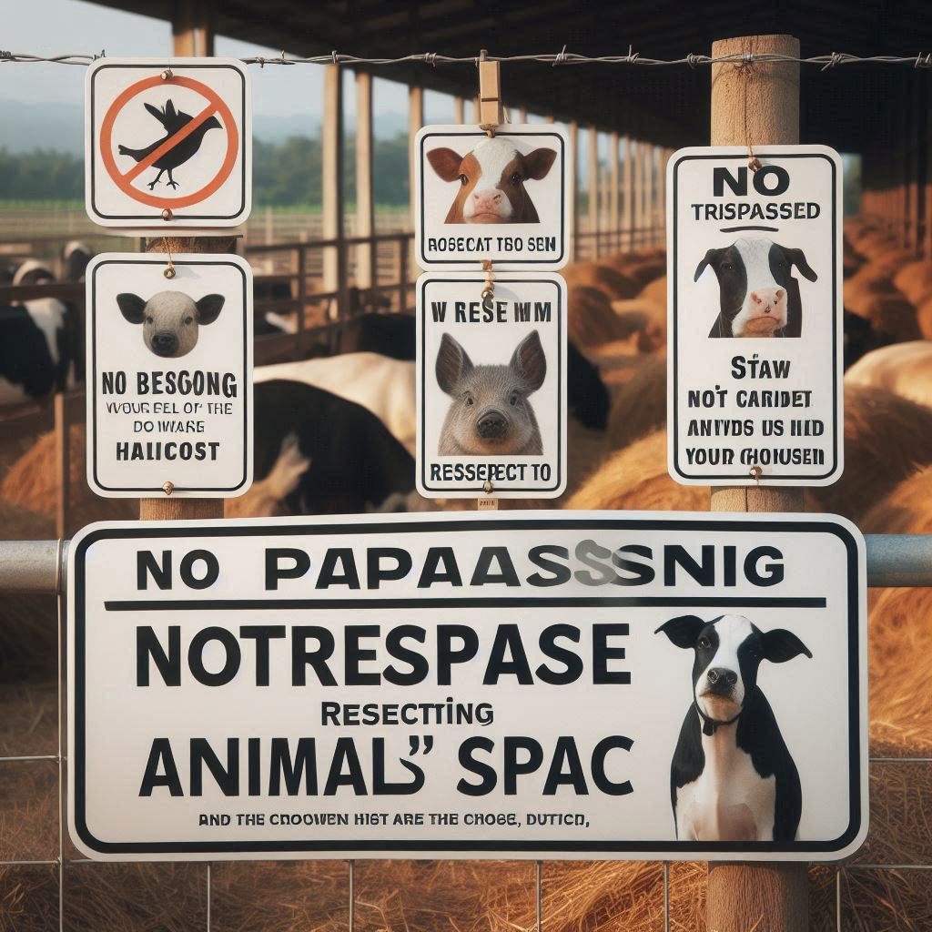 A visual of a farm with clear signs indicating no trespassing and respecting animals’ space